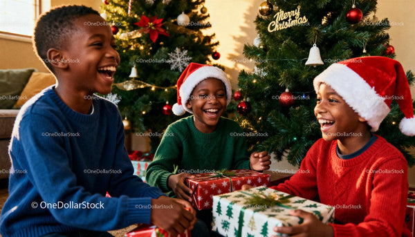Joyful children exchanging gifts by Christmas tree