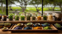 Colorful Collection of Dried Herbs and Spices in Jars for Tea