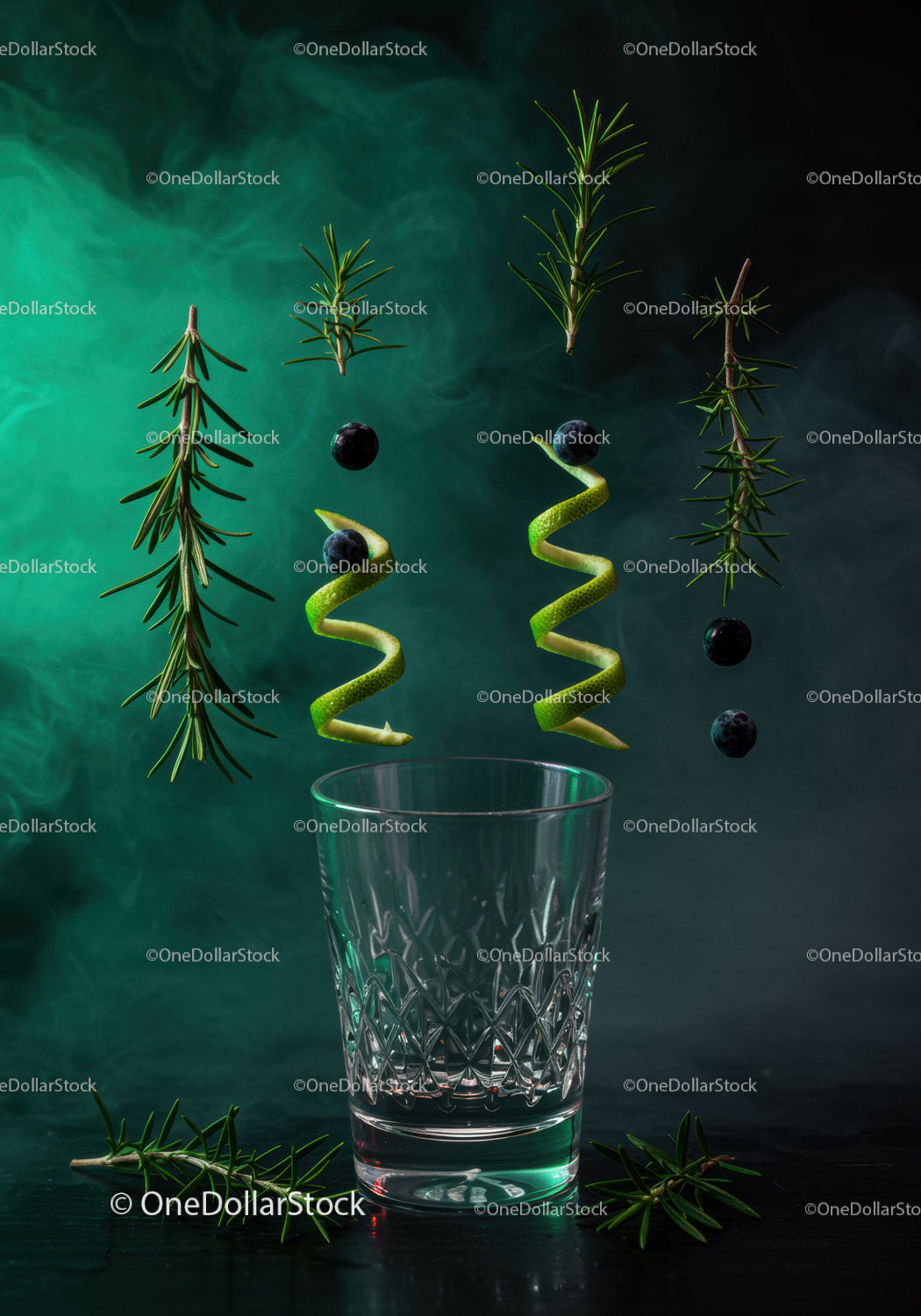 Floating fresh ingredients above empty cut glass