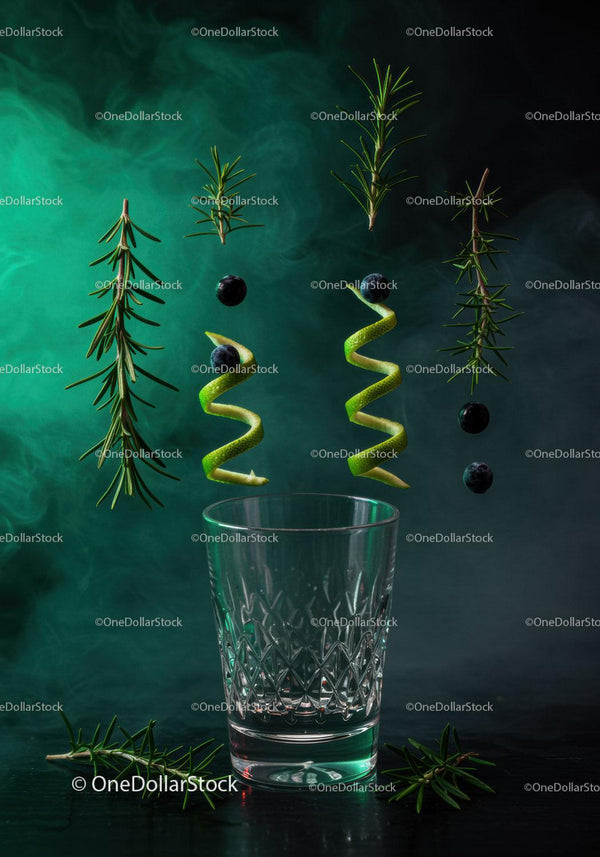 Floating fresh ingredients above empty cut glass