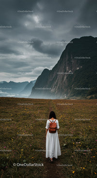 Solitary Woman Walking Through Mountain Field of Wildflowers Under Cloudy Sky