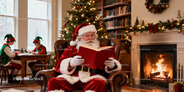 Santa Claus Reading by Fireplace with Christmas Elves