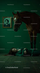 Woman Lying on Floor Beside a Horse in Dramatic Green Room