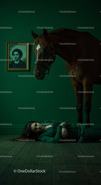Woman Lying on Floor Beside a Horse in Dramatic Green Room