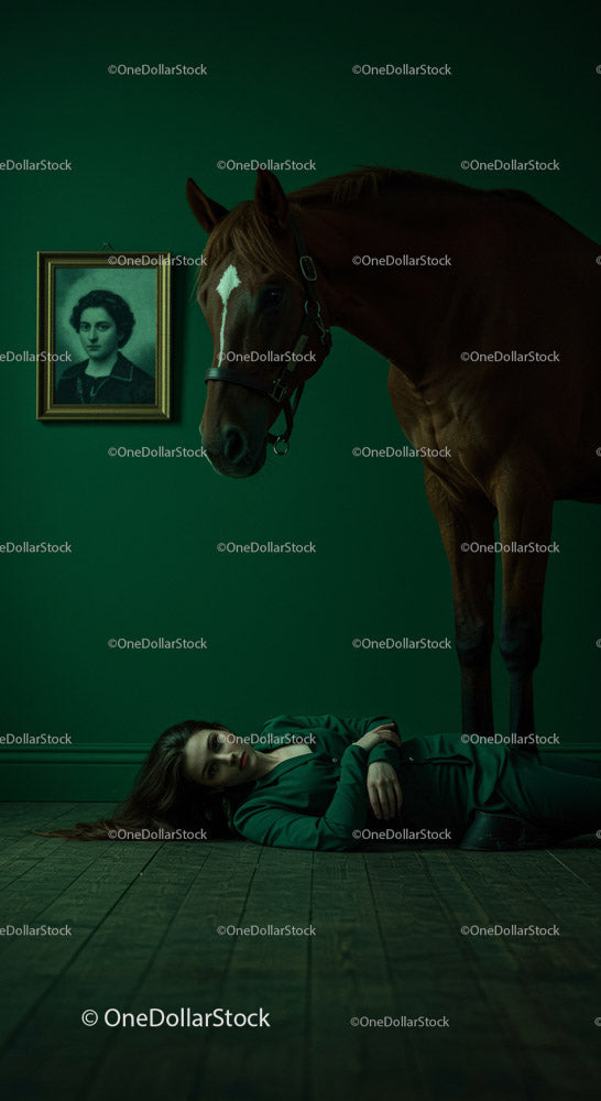 Woman Lying on Floor Beside a Horse in Dramatic Green Room