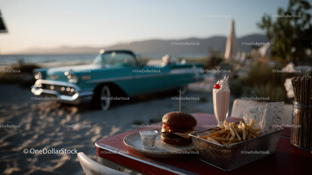 Beachside Vintage Car and Outdoor Dining Scene with Fast Food
