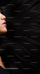 Profile of woman with flowing long black hair and pink lips