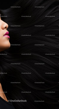 Profile of woman with flowing long black hair and pink lips