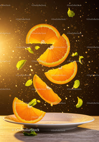 Fresh orange slices and mint leaves in midair