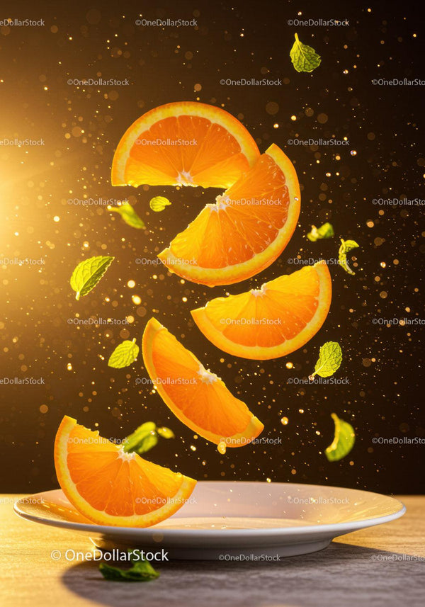 Fresh orange slices and mint leaves in midair