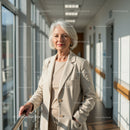 Confident Senior Woman Standing in Bright Modern Office Corridor