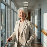 Confident Senior Woman Standing in Bright Modern Office Corridor