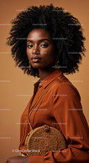 Elegant African American Woman with Curly Hair in Brown Blouse