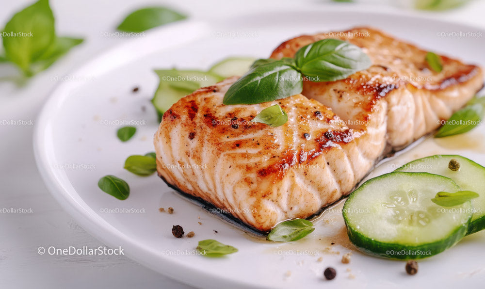 Fresh Grilled Salmon Fillet with Basil and Cucumber Slices
