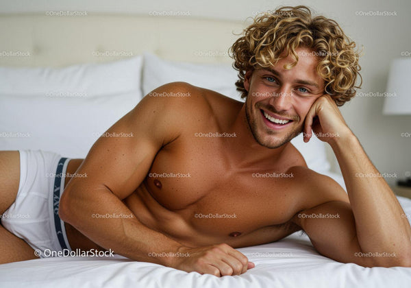 Smiling man relaxing on bed in casual underwear