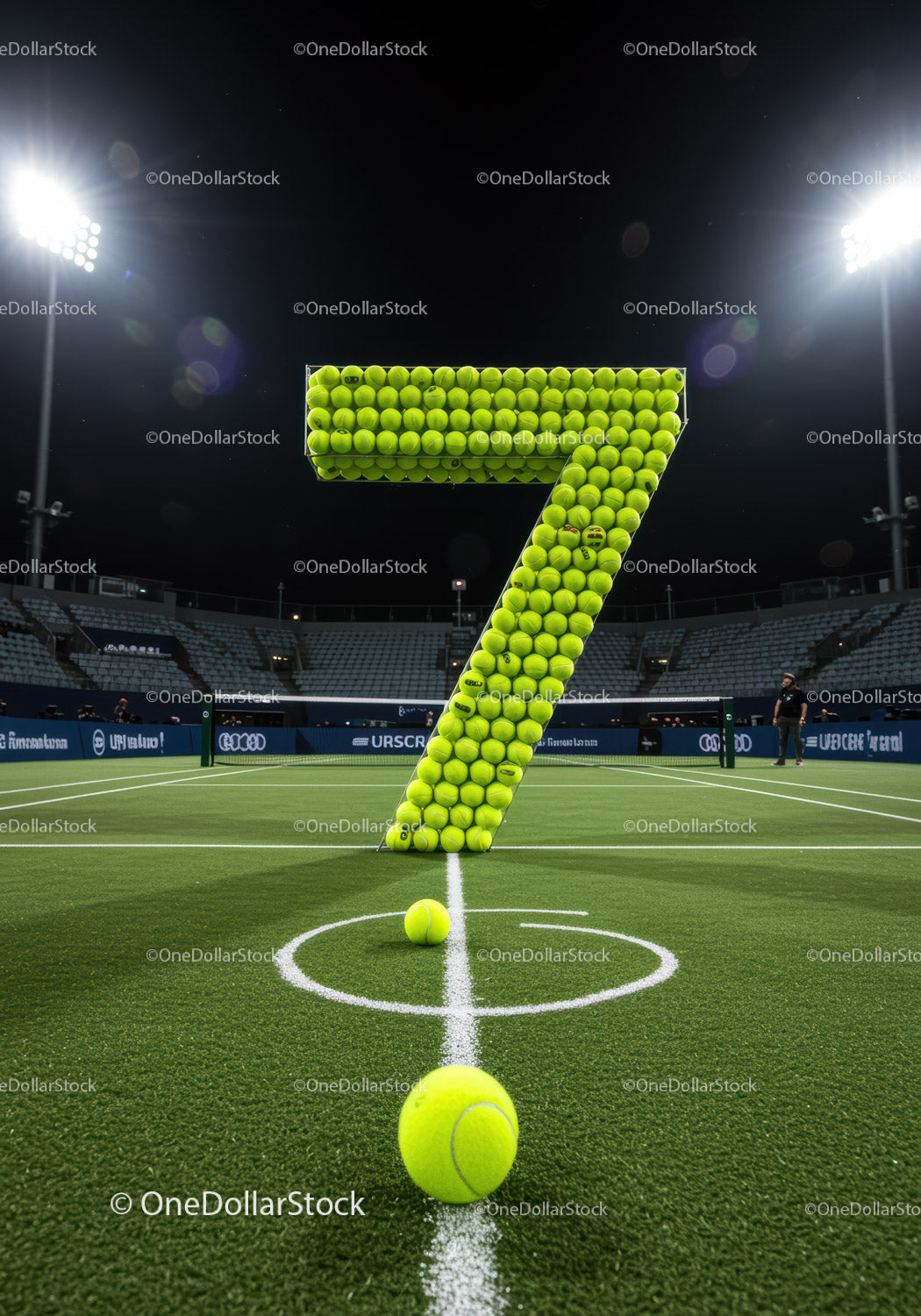 Giant Number Seven Made of Tennis Balls on Court