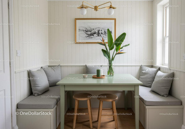 Modern Cozy Dining Nook with White Paneled Walls and Bird of Paradise Plant