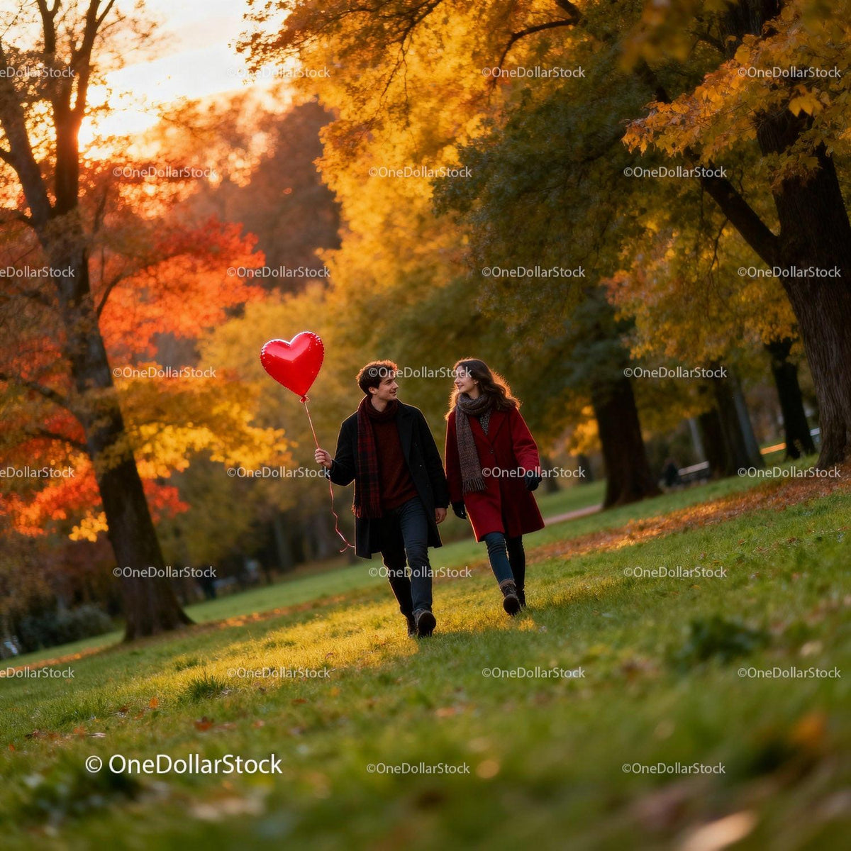 Couple Walking with Heart Balloon in Autumn Park