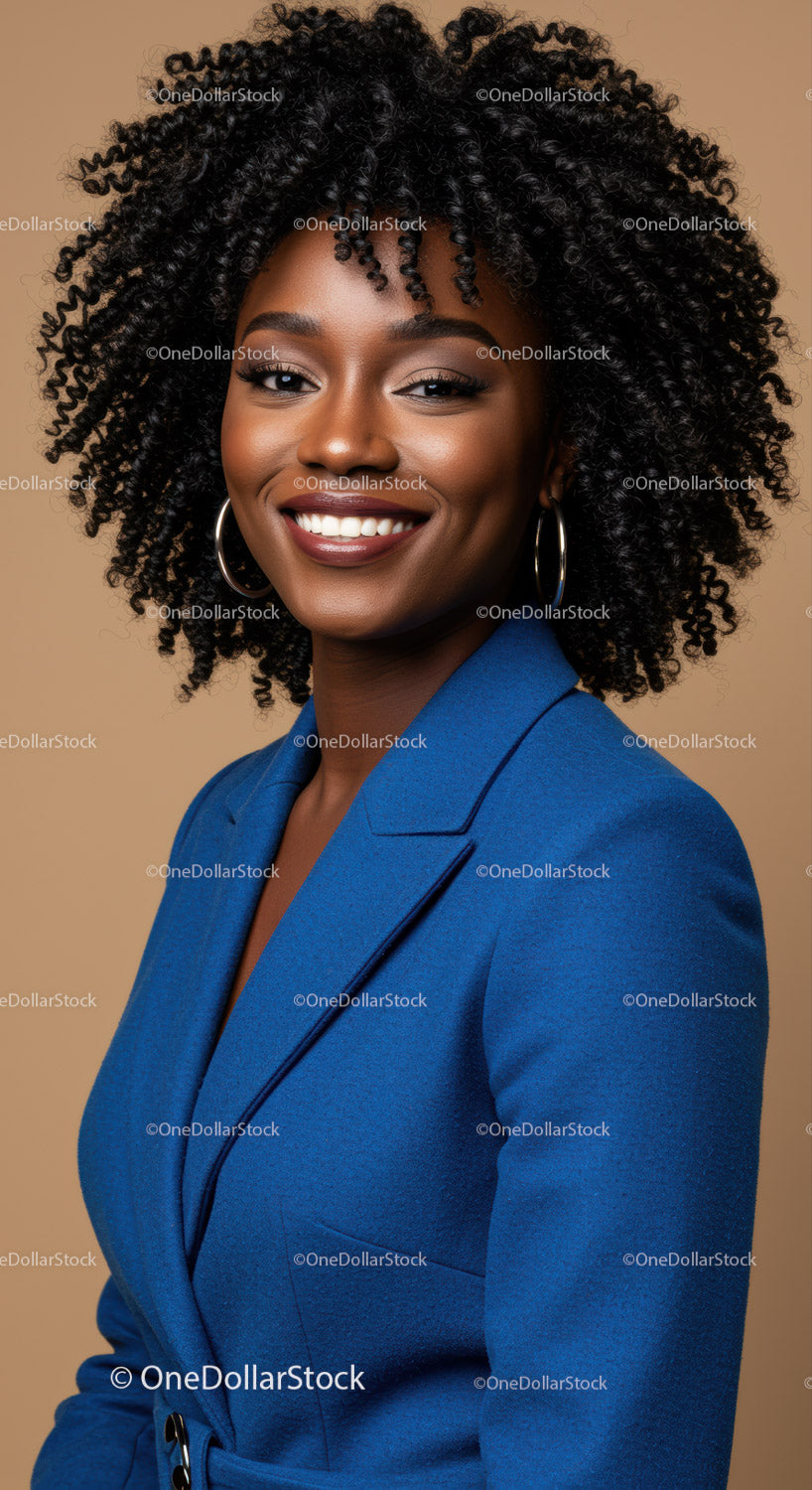 Elegant African American Woman in Blue Blazer Portrait for Business