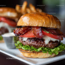 Gourmet Beef Burger with Crispy Bacon and Fresh Vegetables