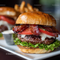 Gourmet Beef Burger with Crispy Bacon and Fresh Vegetables