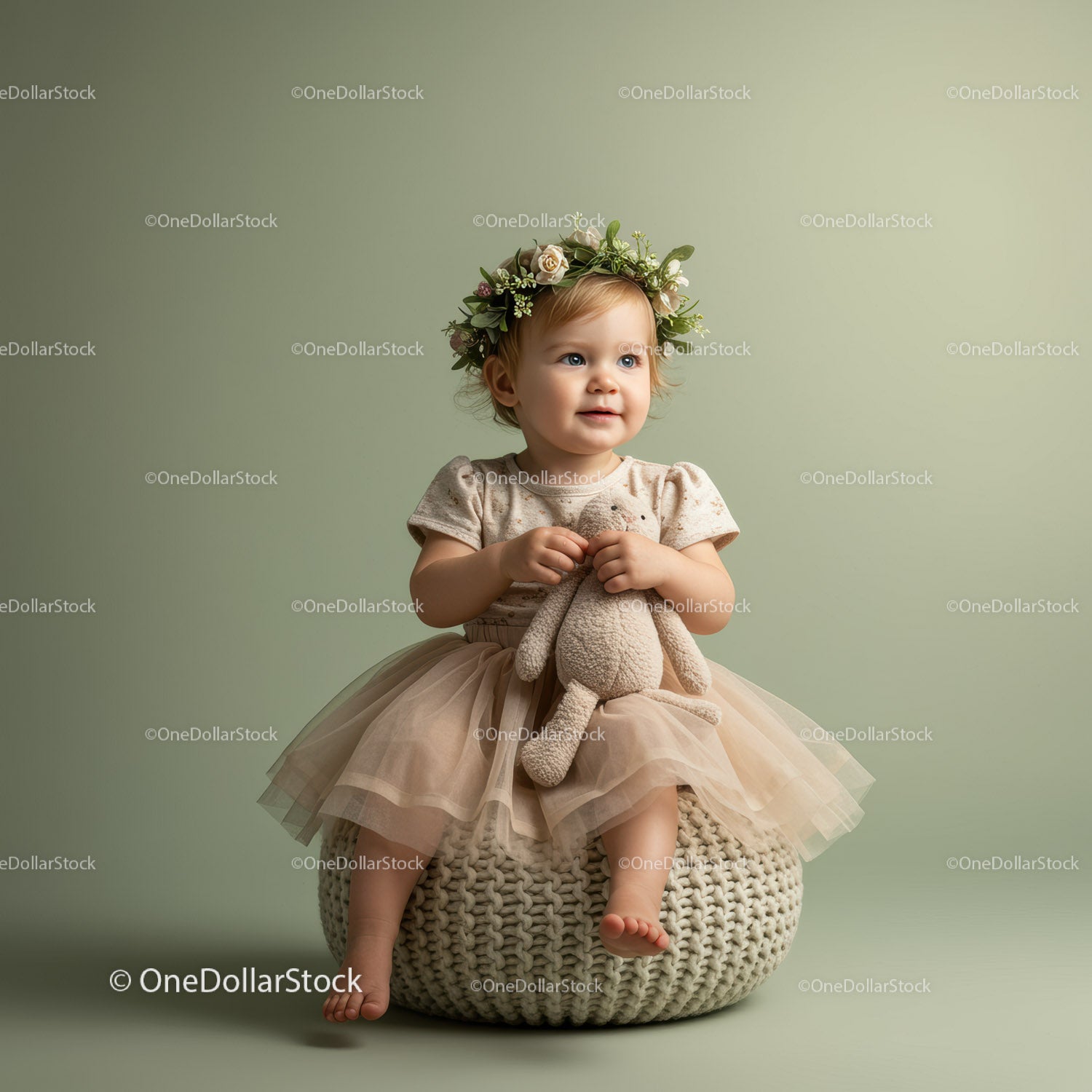 Toddler girl with flower crown holding soft toy