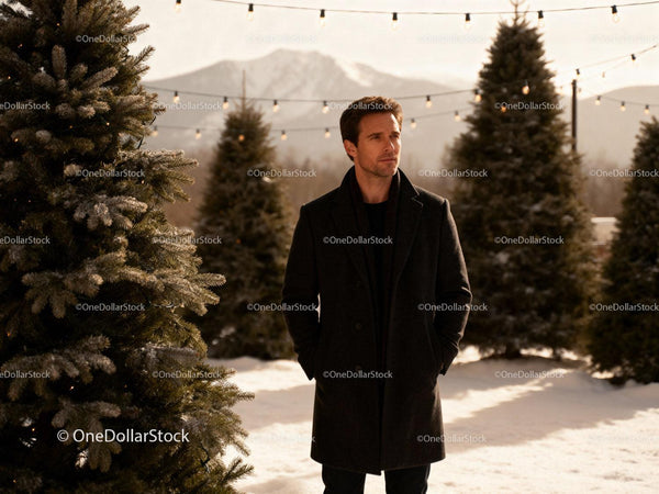 Man in Black Coat Walking Among Snowy Christmas Trees