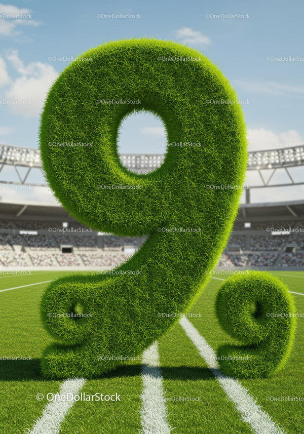 Green Grass Number Nine on Football Field with Stadium