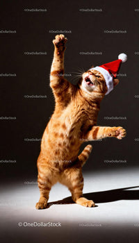 Playful ginger cat wearing Santa hat reaching up
