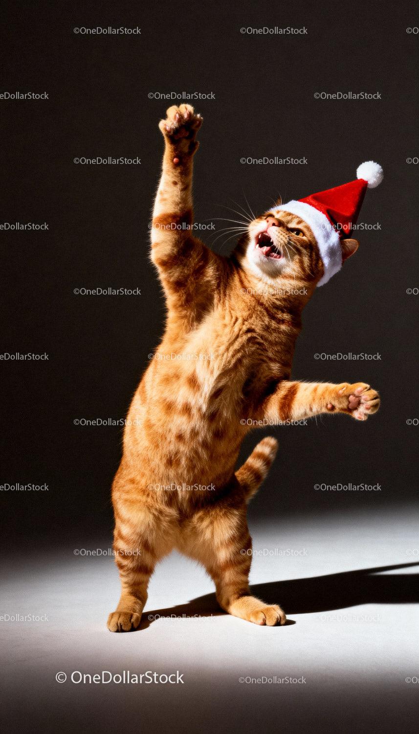 Playful ginger cat wearing Santa hat reaching up