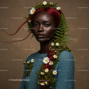 Elegant Portrait of a Woman with Flowing Red Hair and Botanical Accessories