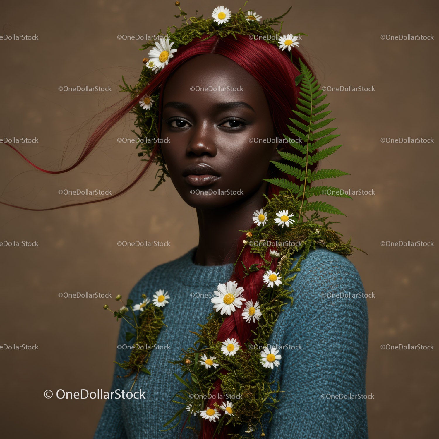Elegant Portrait of a Woman with Flowing Red Hair and Botanical Accessories