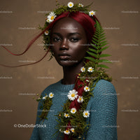 Elegant Portrait of a Woman with Flowing Red Hair and Botanical Accessories