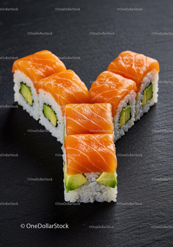 Fresh Salmon and Avocado Sushi Rolls on Black Slate