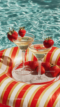 Refreshing Strawberry Cocktails by Pool Under Bright Sun