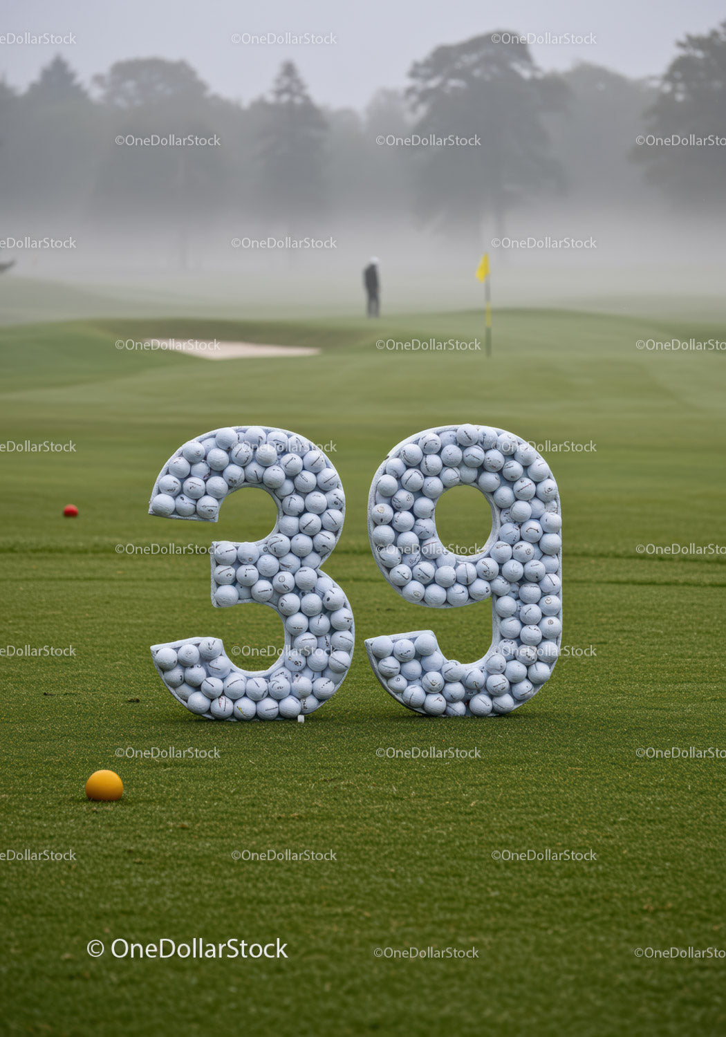 Pole golfowe z dużą liczbą 39 wypełnionych piłkami golfowymi