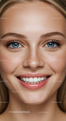 Close-up of smiling woman with blue eyes and freckles