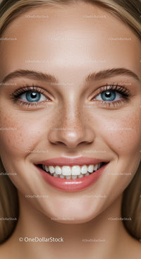 Close-up of smiling woman with blue eyes and freckles