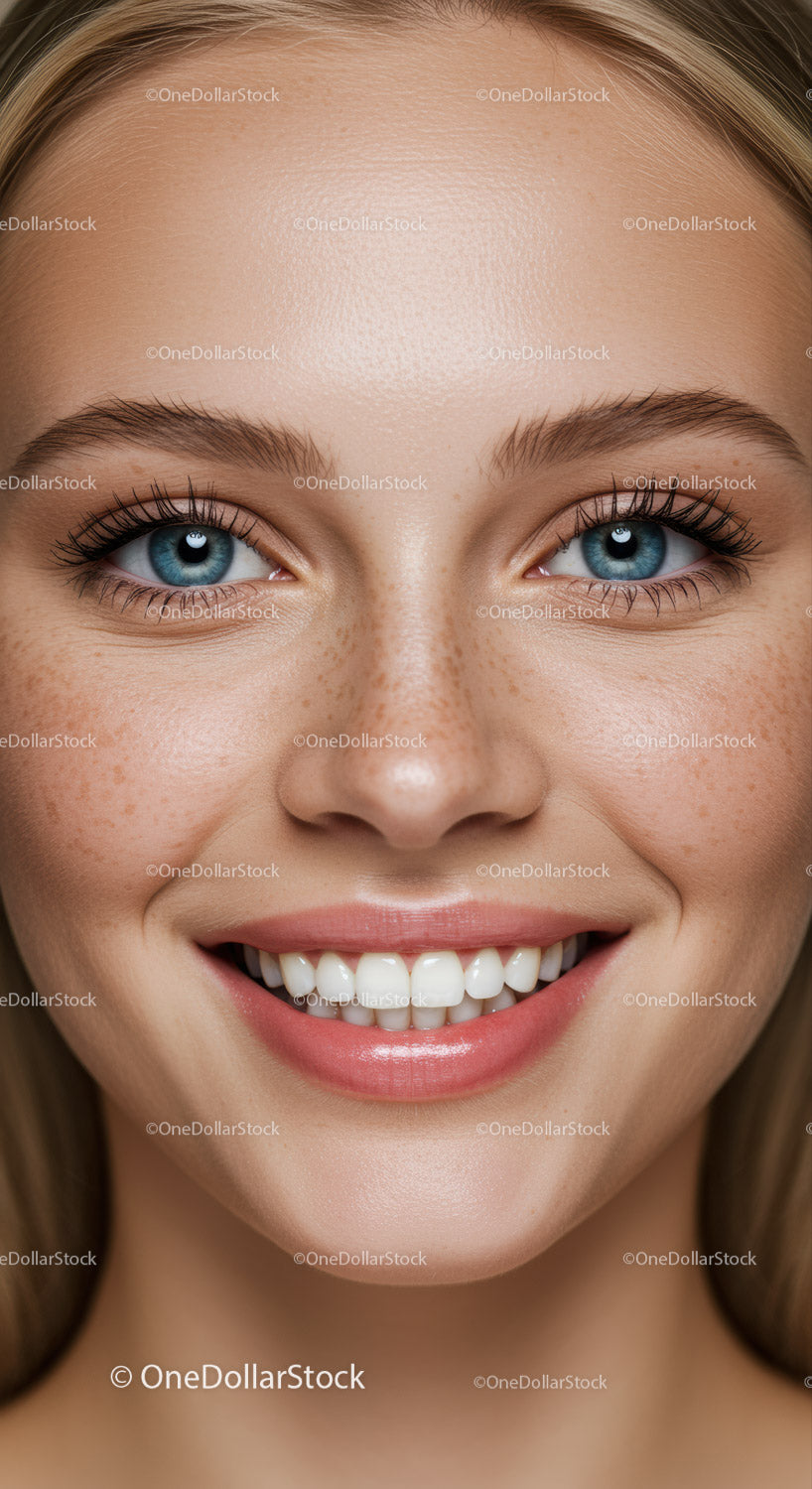 Close-up of smiling woman with blue eyes and freckles