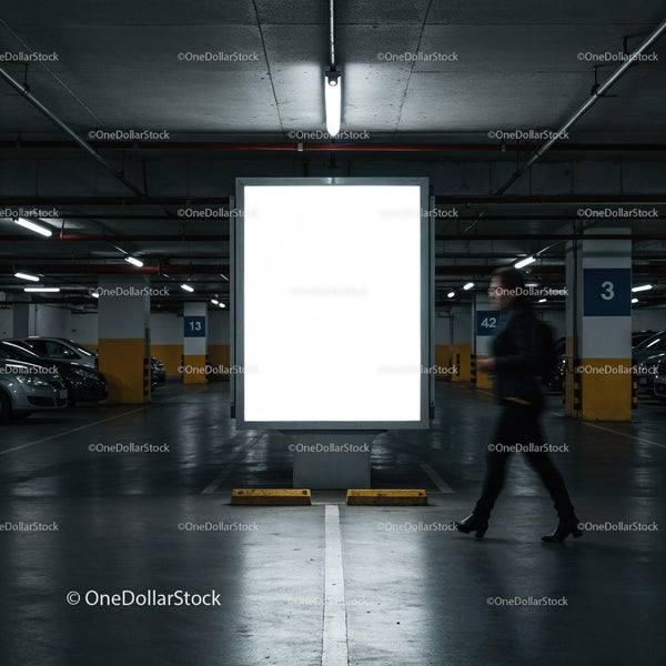 Woman walking past illuminated billboard in indoor parking JPG Mockup Image