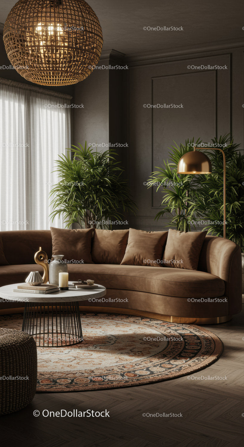 Cozy living room with curved sofa and ambient lighting