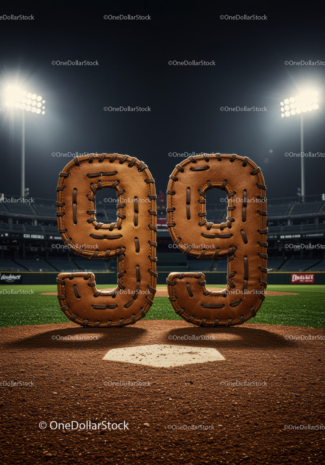 Leather Baseball Gloves Shaped as Number Ninety Nine on Field