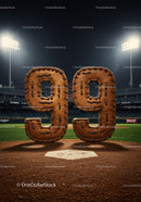 Leather Baseball Gloves Shaped as Number Ninety Nine on Field