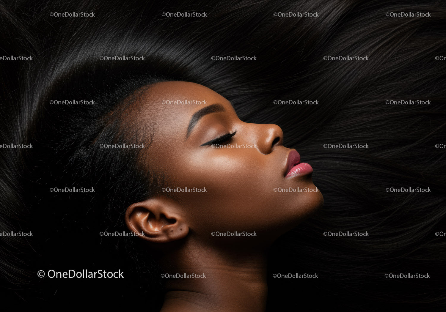 Serene woman with long flowing hair in profile view