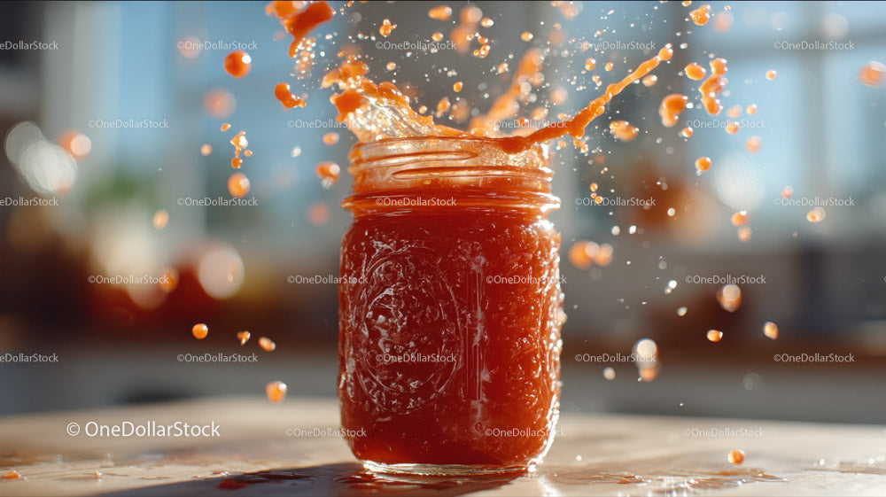 Vibrant Fruit Jam Splash in a Glass Jar on a Wooden Surface