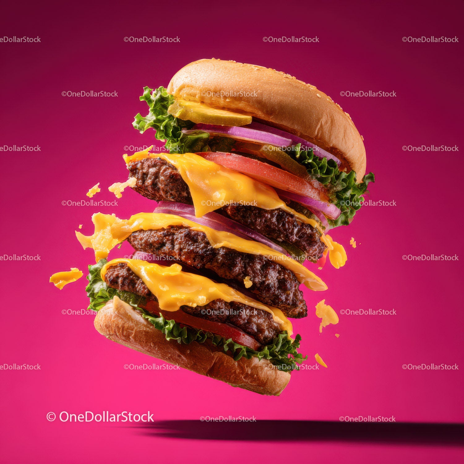 Juicy Double Cheeseburger with Fresh Vegetables on Pink Background
