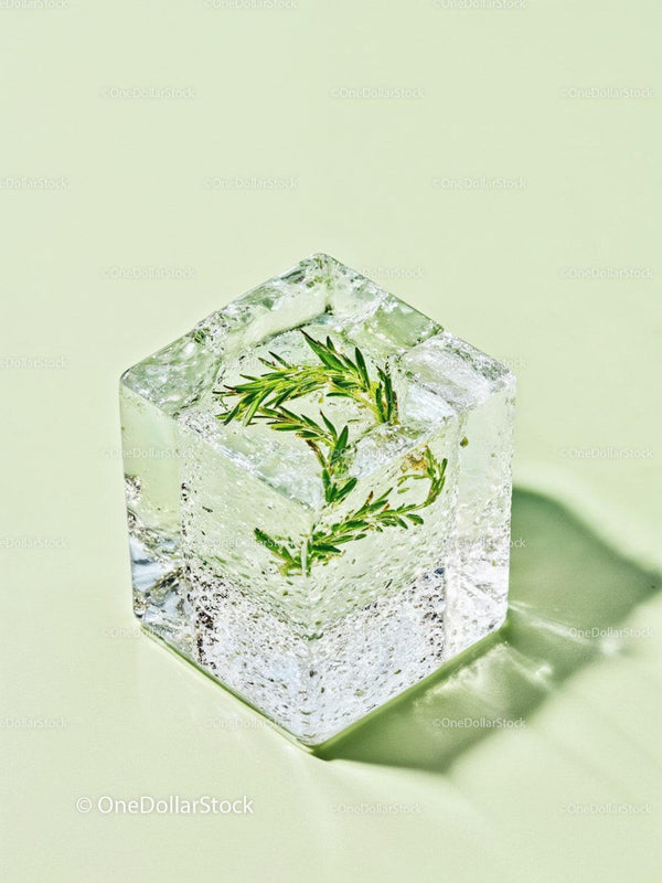 Fresh rosemary sprig frozen inside clear ice cube
