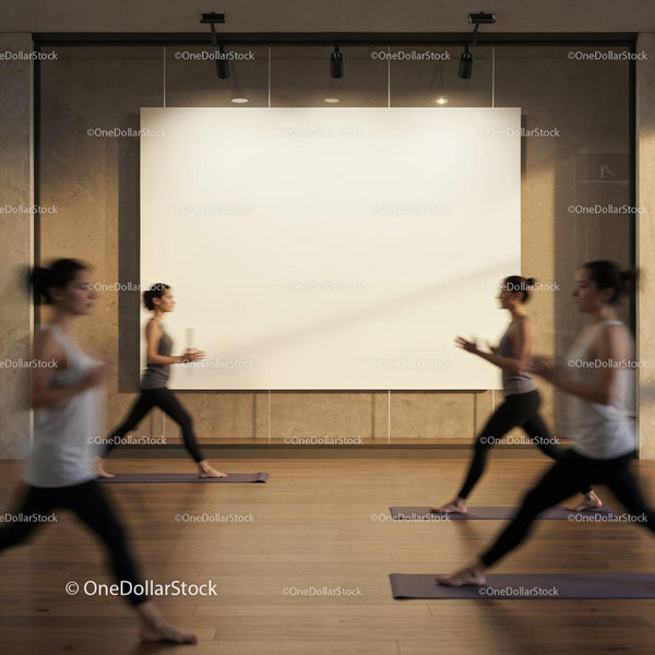 Women practicing yoga lunges in studio with blank wall art JPG Mockup Image