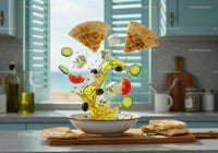 Mediterranean salad ingredients splashing in bowl