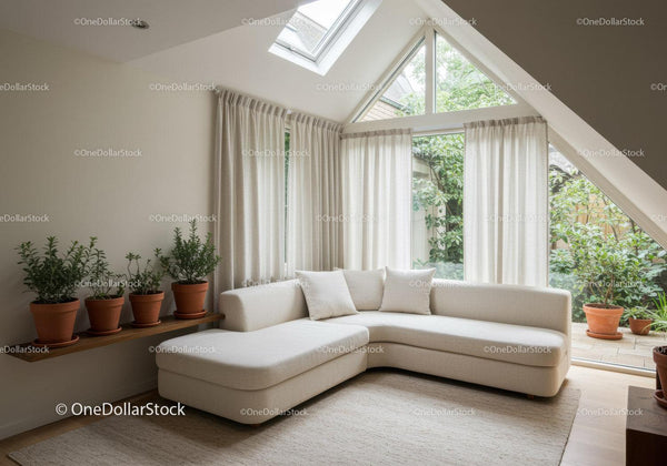 Jasny nowoczesny salon z narożną sofą i roślinami
